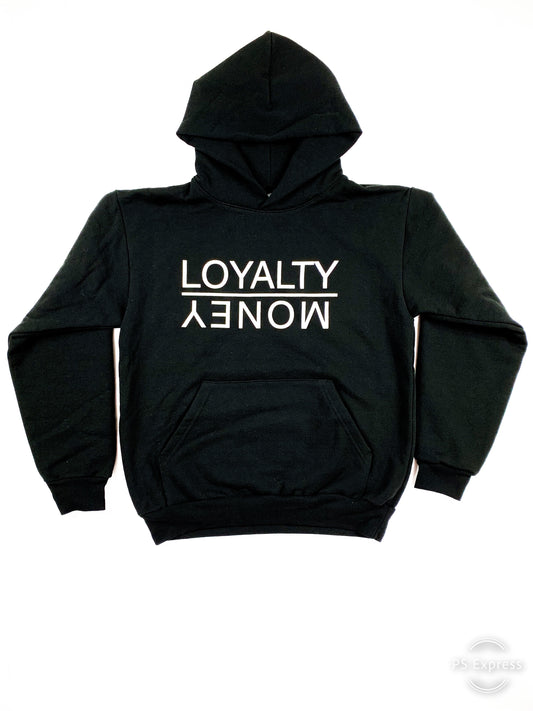 SOLID BLACK LOYALTY OVER MONEY HOODIES